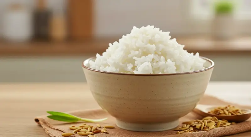 바나듐 쌀 한 그릇과 주변에 놓인 쌀알들. 건강한 식단과 혈당 관리에 좋은 밥을 상징합니다.