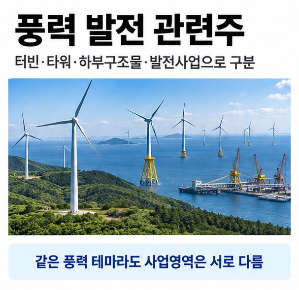 풍력 발전 관련주라는 제목과 육상 및 해상 풍력발전기, 타워, 하부구조물, 발전단지를 함께 표현한 대표 이미지