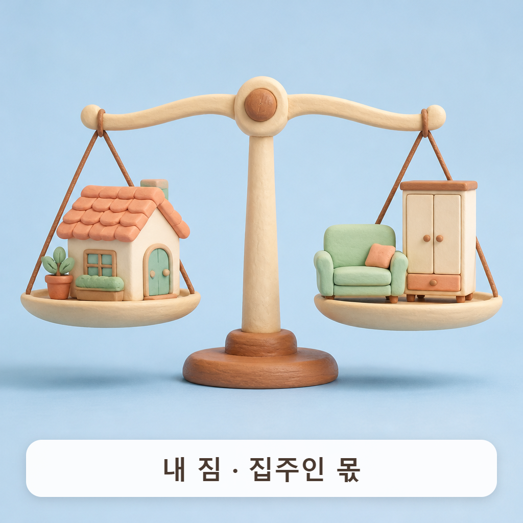 저울 양쪽에 놓인 작은 집 모형과 가구 모형