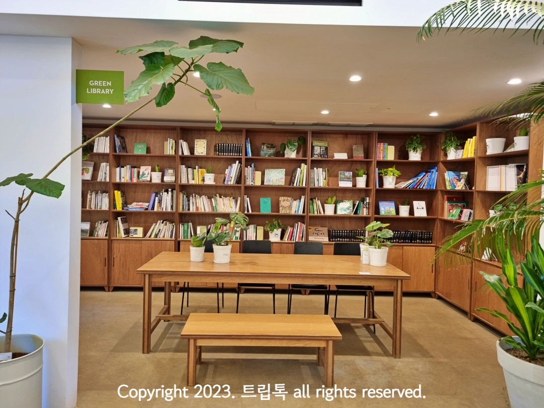 식물과 테리블이 있고 벽면이 책으로 이루어져 있다