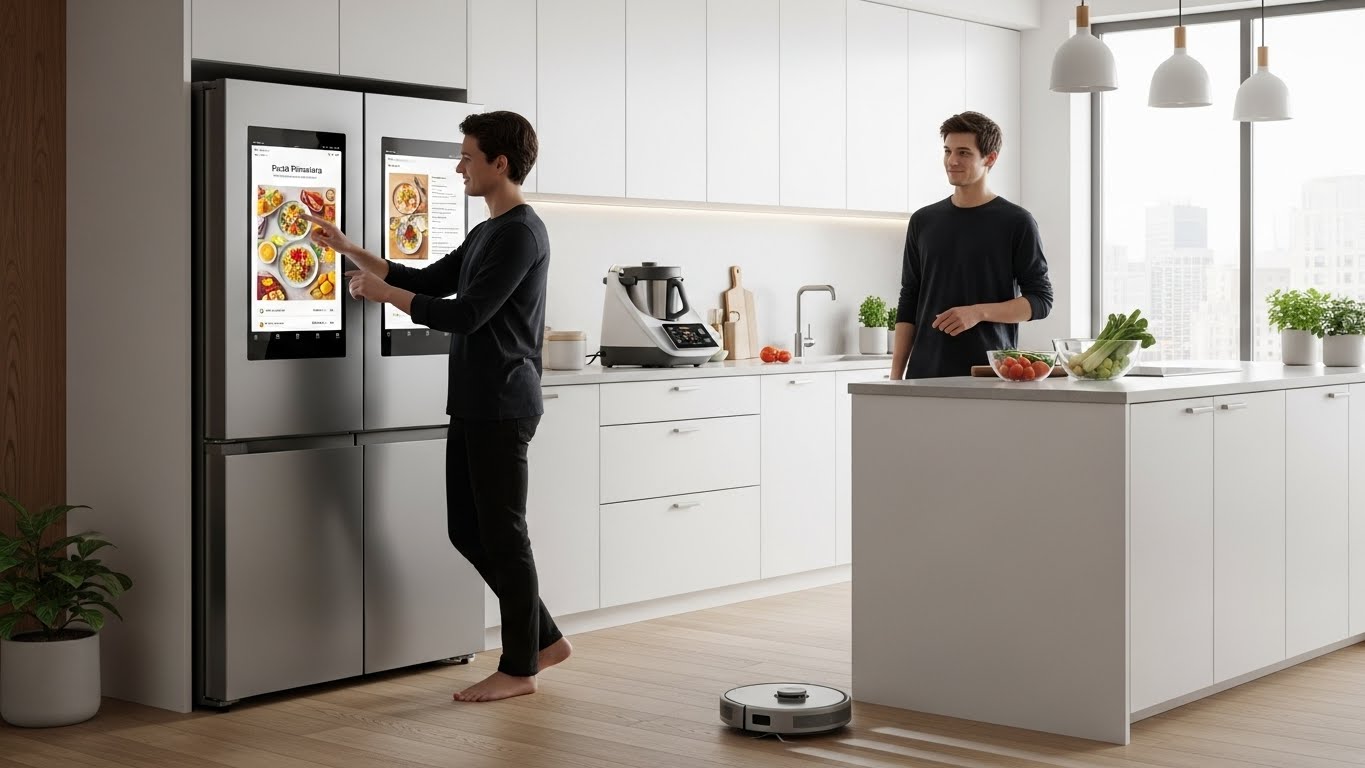 AI 기반 스마트 주방 가전과 로봇청소기가 있는 미래형 주방