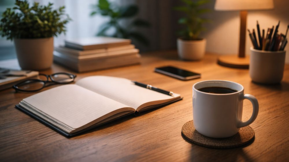 따뜻한 조명이 비추는 책상 위에 커피잔, 노트, 펜이 놓여 있으며 혼자 생각하는 시간을 암시하는 감성적인 데스크 풍경