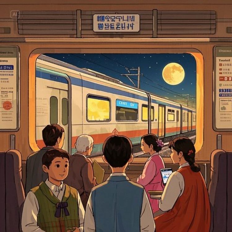 KTX 열차가 고향으로 향하는 풍경, 추석 분위기의 달과 가족 모임, 코레일톡 앱 화면과 서버 시간 시계, 전략적인 티켓팅 분위기, 따뜻하고 희망적인 색감