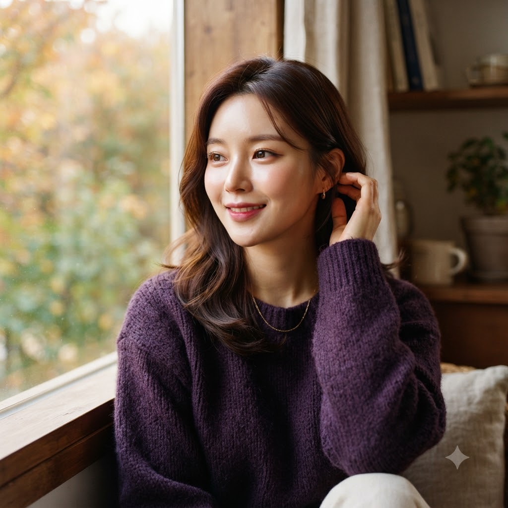 Close-up portrait of a young Korean woman wearing a deep eggplant purple knit sweater, cozy autumn styling, natural makeup, soft indoor window light, warm and elegant mood, fashion editorial photography
