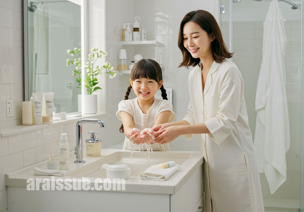 아이와 함께 스킨케어 루틴을 실천하는 일상적인 장면