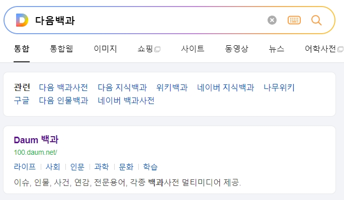 다음 백과사전 검색창에 해당 키워드를 입력하여 정보를 찾는 화면