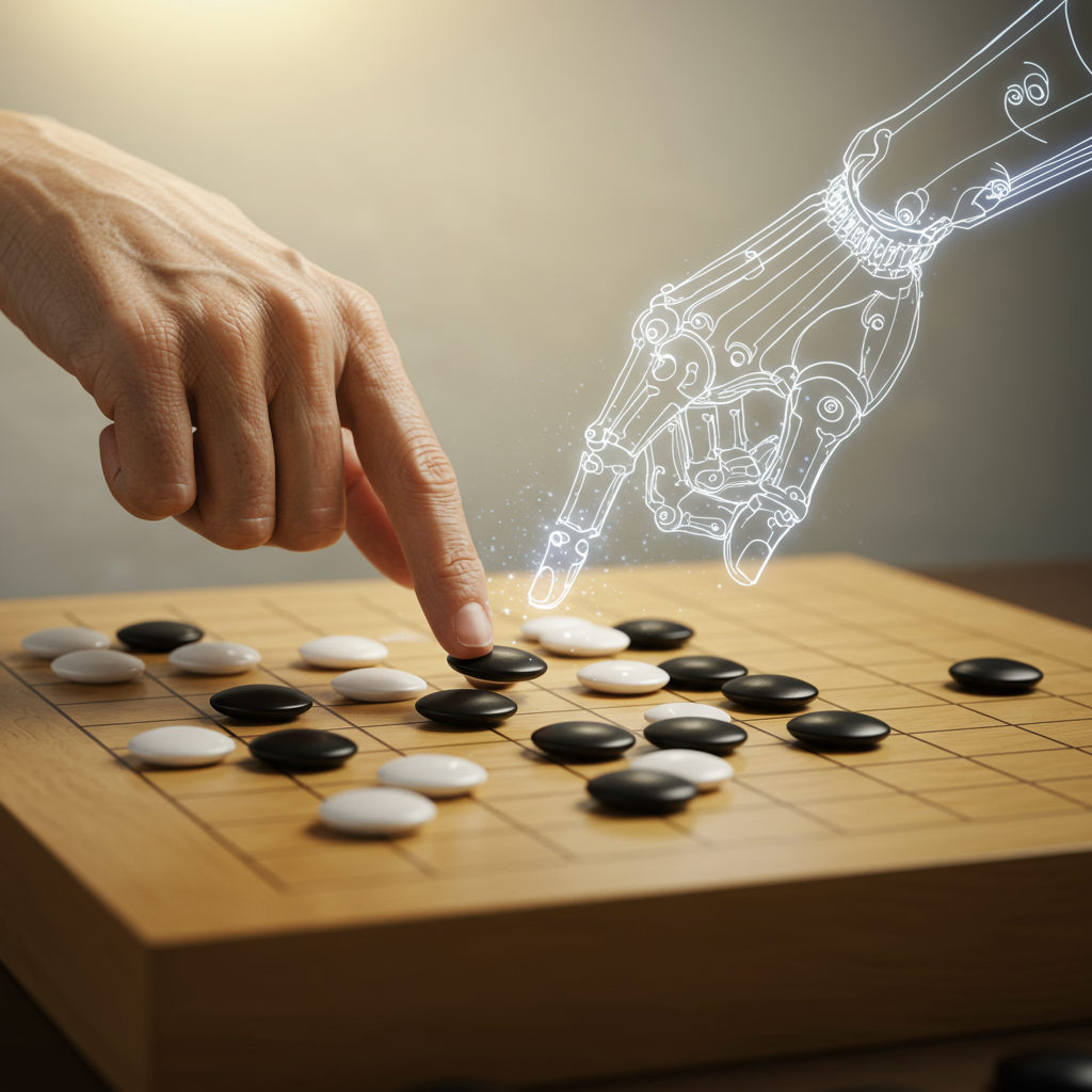 인간의 손과 인공지능(AI) 손이 바둑판 위에서 대결하는 모습, AI 시대의 승부 상징
