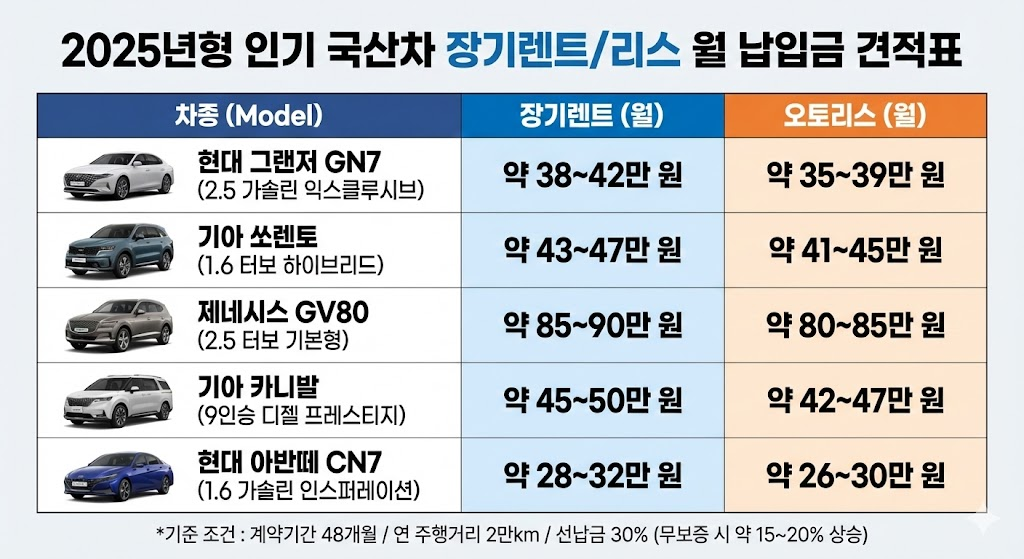 국산차 장기렌트/리스 가격표