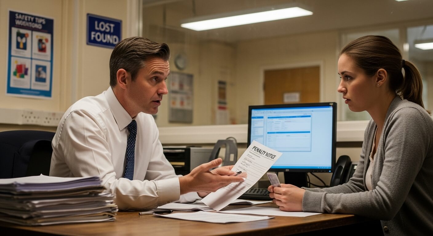 행정 창구에서 남성이 문서를 들고 상담 중인 장면