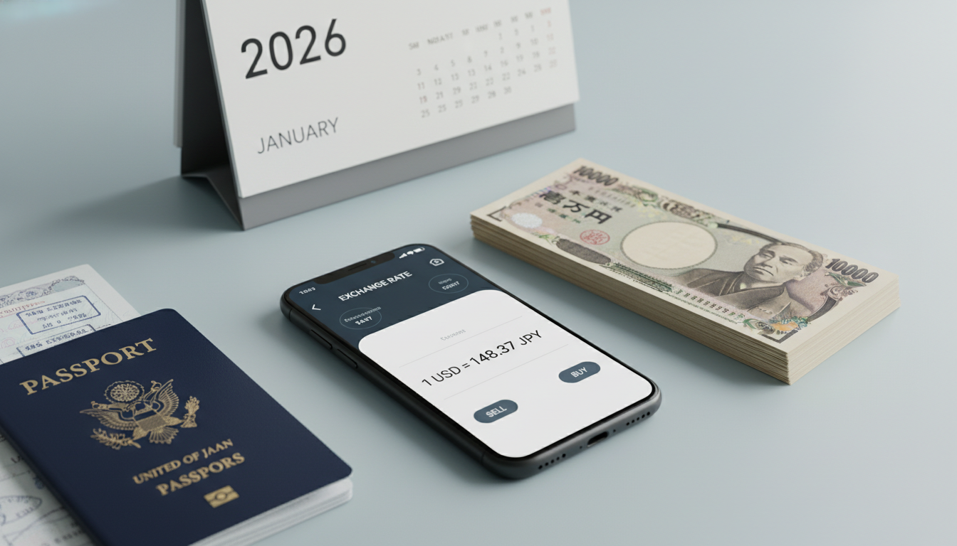 2026년 일본 여행 준비를 위한 스마트폰 환전 앱과 엔화 지폐가 놓인 책상