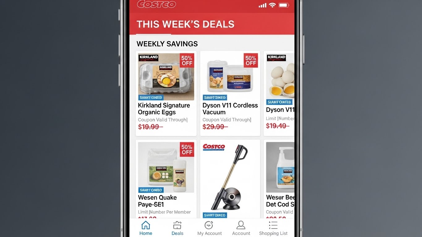스마트폰 앱을 통해 코스트코 금주의 할인 품목을 확인하는 화면