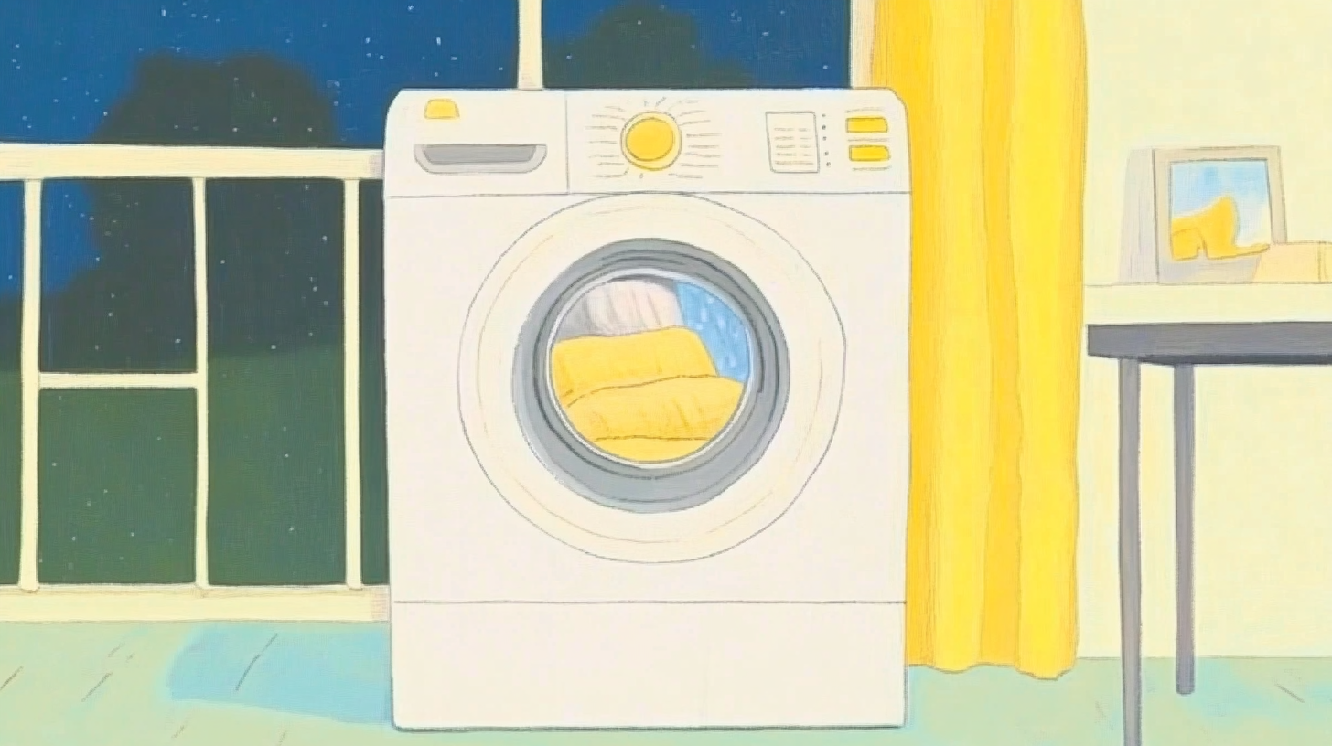 에너지 절약형 세탁기가 현대적인 세탁실에서 중간 세탁 사이클을 진행하는 모습, 물과 전기 절약에 대한 시각적 강조가 돋보임.