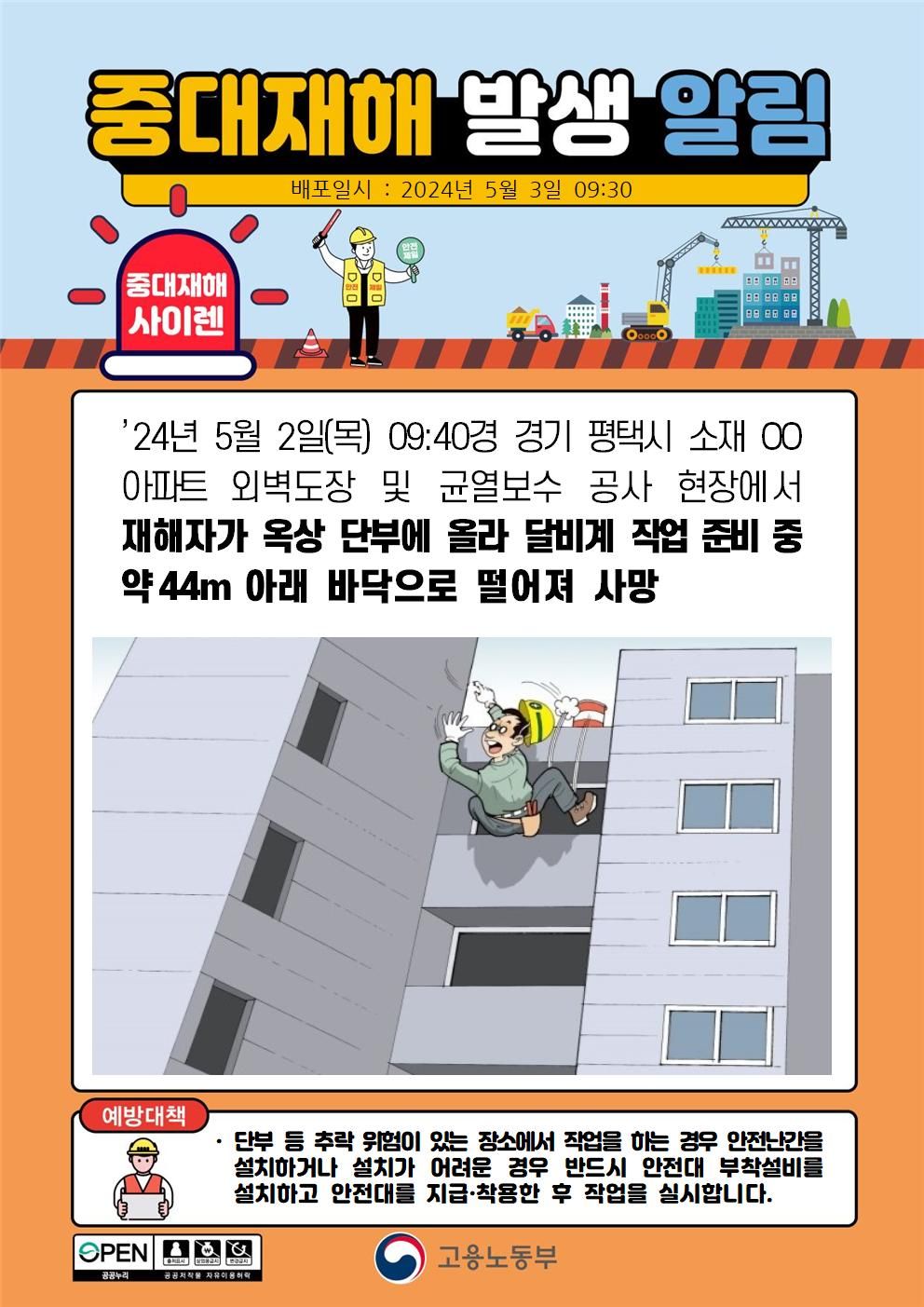 아파트 옥상 단부에 올라 달비계 작업 준비 중 떨어짐(44m)