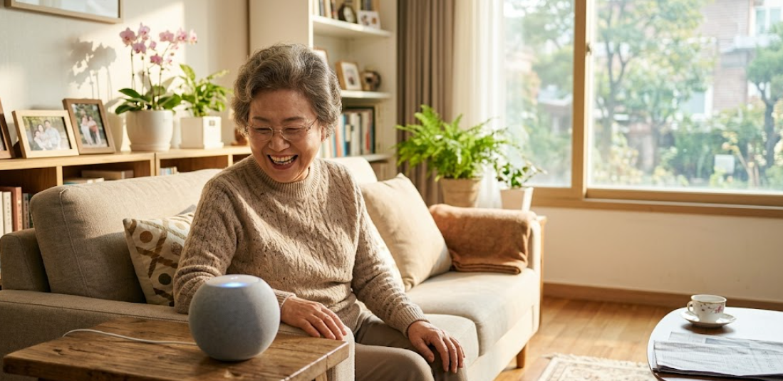 따뜻한 거실에서 어르신이 AI 스피커와 대화하며 밝게 웃고 있는 모습