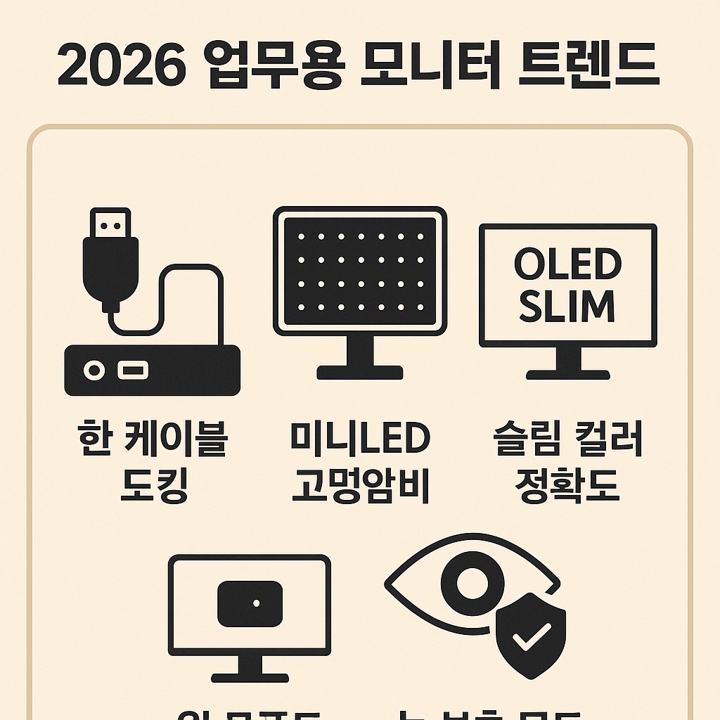 2026년 모니터 트렌드인 USB-C 한 케이블 도킹, 미니LED 고명암비, OLED 슬림 컬러 정확도, 눈 보호 모드를 핵심 아이콘으로 정리한 인포그래픽