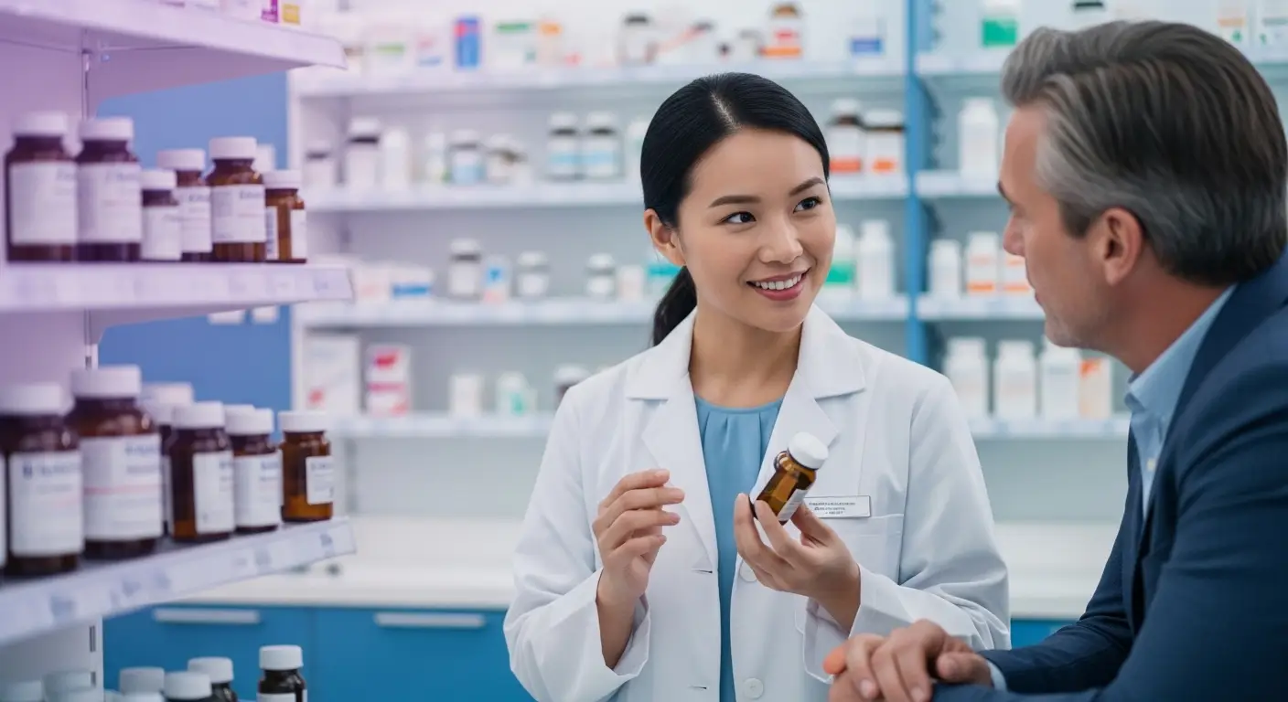 발기부전 치료약을 약사가 중년 남성에게 설명하는 장면