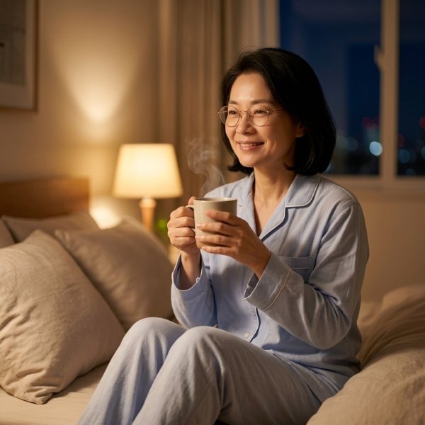 침실 스탠드 조명의 따뜻한 불빛 아래, 파스텔 톤 침대에 편안하게 앉아 김이 모락모락 나는 머그잔을 양손으로 들고 미소 짓고 있는 중년 여성의 실사 사진.