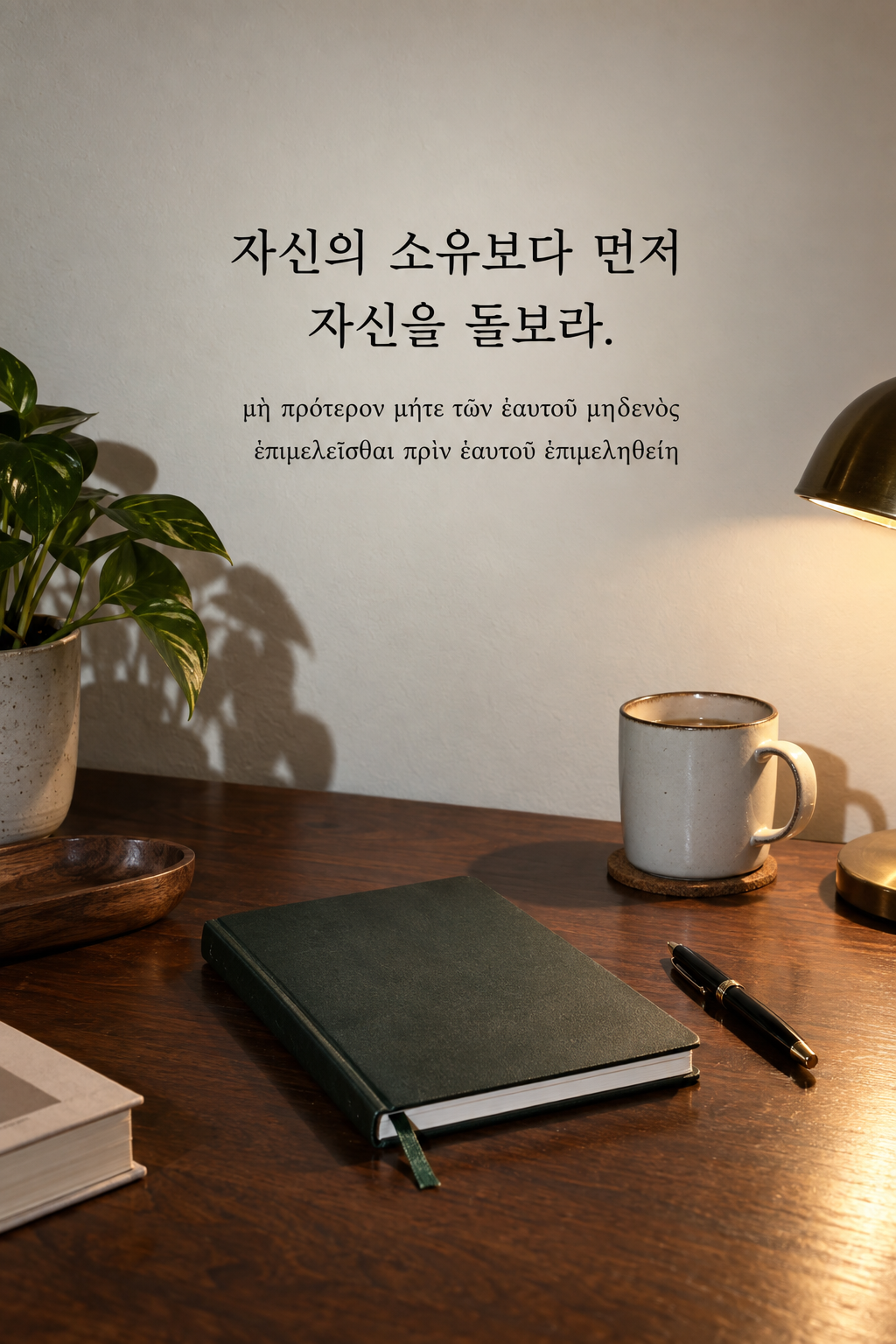 소크라테스 명언 12 &mdash; 자신의 소유보다 먼저 자신을 돌보라. &mdash; 정리된 책상 위 소박한 수첩