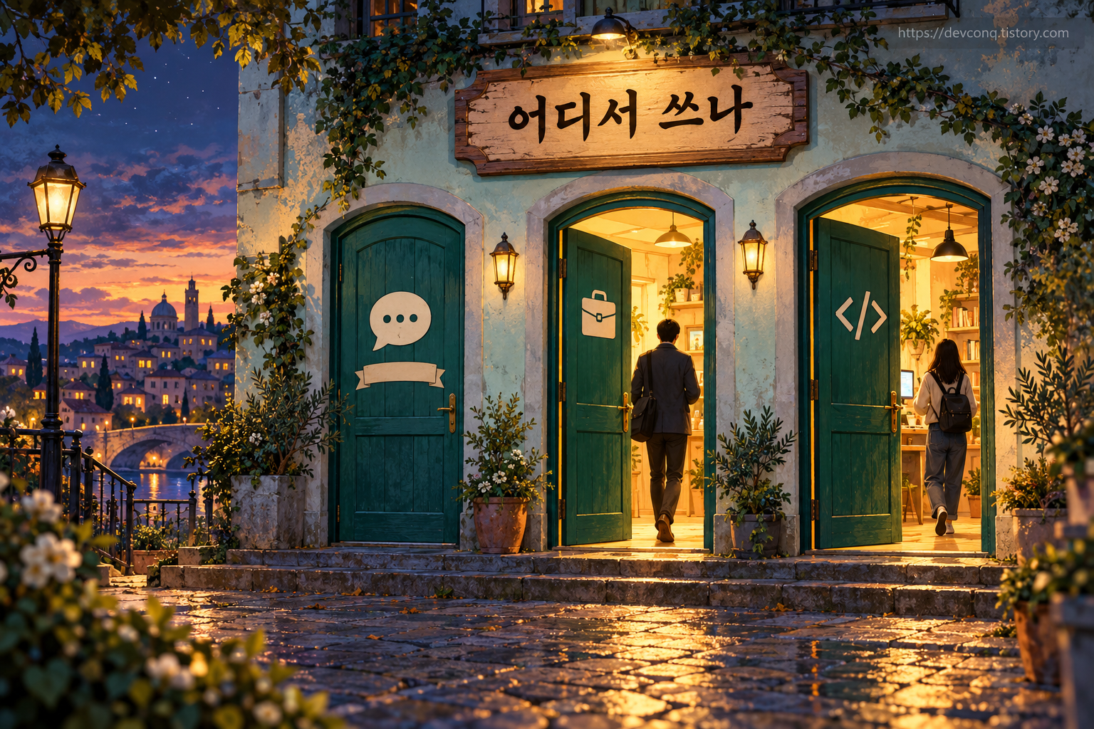 채팅 문은 닫혀 있고 업무와 코드 문은 열려 사람들이 들어가는 건물과 어디서 쓰나 팻말이 선 일러스트