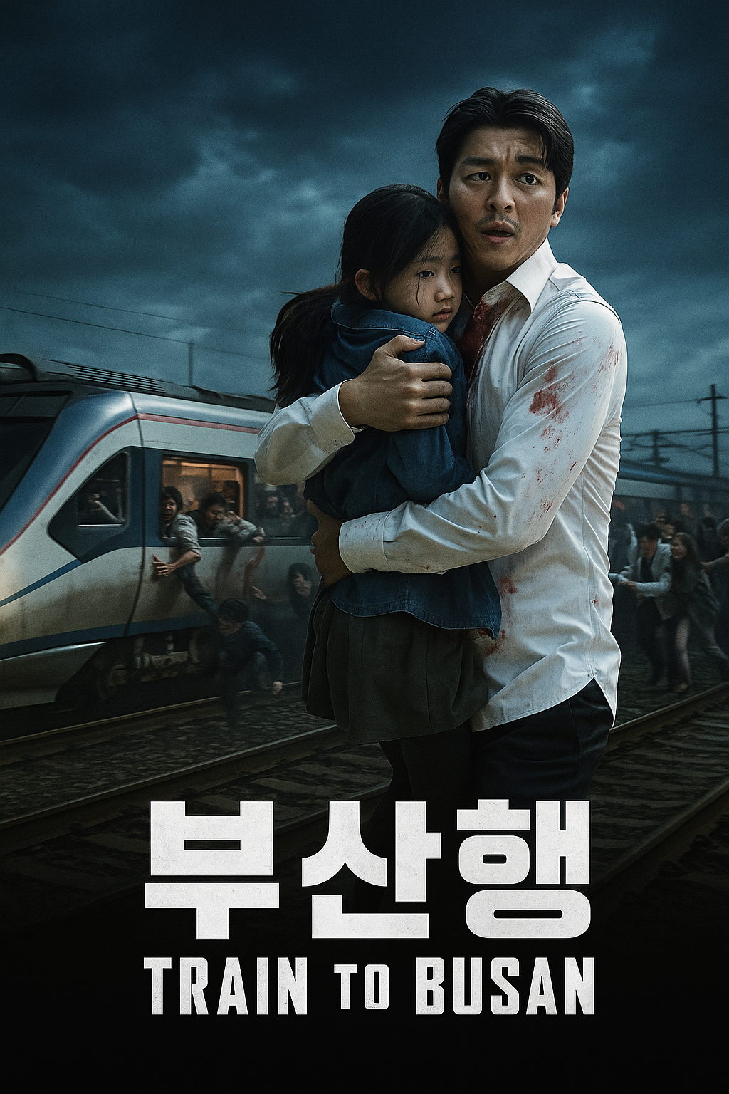 폭풍이 몰아치는 밤, 피 묻은 셔츠를 입은 남성이 어린 딸을 품에 안고 절박한 표정으로 뒤를 돌아보며 달리는 고속열차 옆 철도에 서 있다. 뒤편 열차 창문과 바깥에서는 좀비 떼가 필사적으로 기차에 매달리거나 탈출을 시도하고 있으며, 화면 하단에는 ‘부산행’과 ‘TRAIN TO BUSAN’이라는 문구가 강렬하게 새겨져 있다. 긴박한 분위기와 인간 대 재난의 구도가 영화 포스터 형식으로 표현되어 있다.