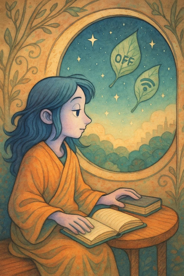 책을 읽거나 창밖 풍경을 바라보며 스마트폰을 내려놓은 순간을 표현한 감성 일러스트, 디지털 프리존을 상징하는 따뜻하고 몽환적인 장면