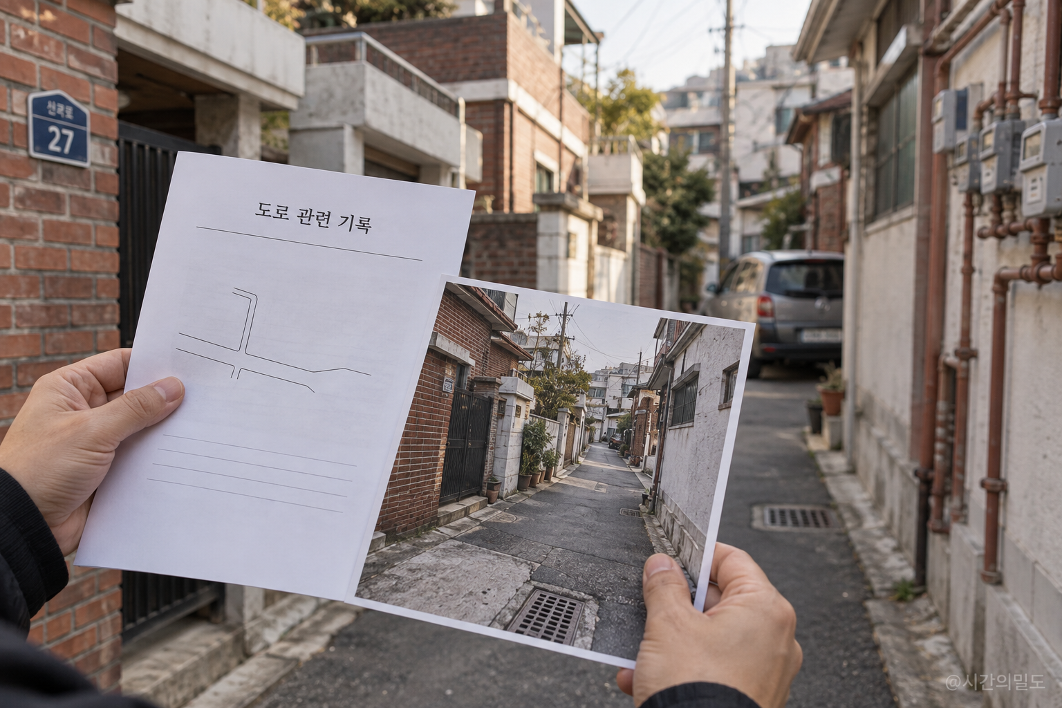 한국 빌라 골목과 익명 도로 지정 관련 자료를 나란히 대조하는 가상 장면