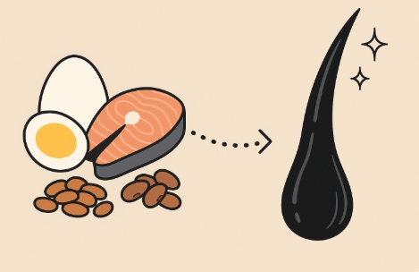단백질이 풍부한 음식과 튼튼한 모발이 연결된 일러스트. 왼쪽에는 달걀, 생선, 콩 등이, 오른쪽에는 윤기 나는 건강한 머리카락이 표현된 구성.