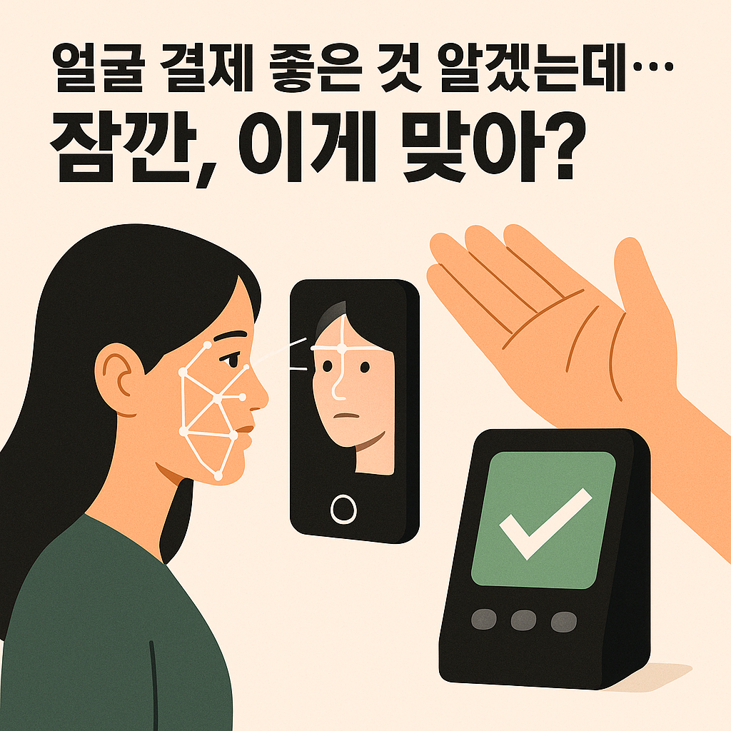 “얼굴 결제와 손바닥 결제의 대비를 강조해 표현한 IT 기술 이슈 썸네일 이미지”