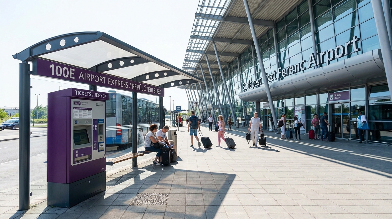부다페스트 리스트 페렌츠 공항 앞 100E 공항버스 정류장과 보라색 발매기