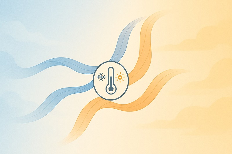 아침과 낮의 온도 차이를 나타내는 흐름선과 온도 조절 아이콘이 있는 추상 일러스트