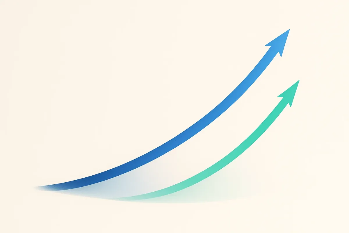 액티브 ETF와 패시브 ETF의 수익률 차이를 보여주는 상승 그래프 이미지 - 파란색과 민트색 그라데이션으로 시각화