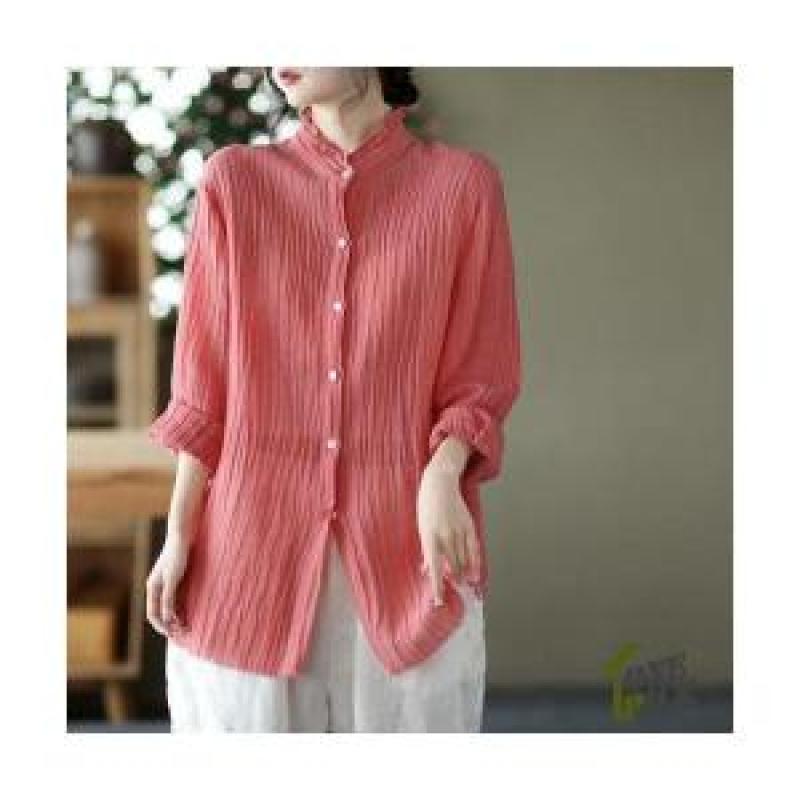 여자 셔링 긴팔 얇은 무드 빈티지 목폴라 셔츠 린넨