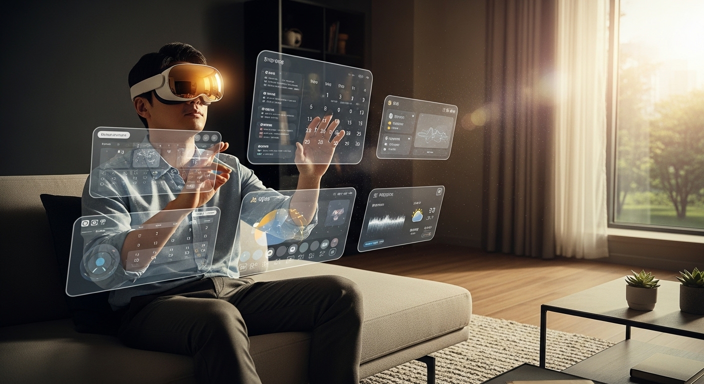 g Apple Vision Pro headset, interacting with floating holographic screens showing calendar, messages, and weather