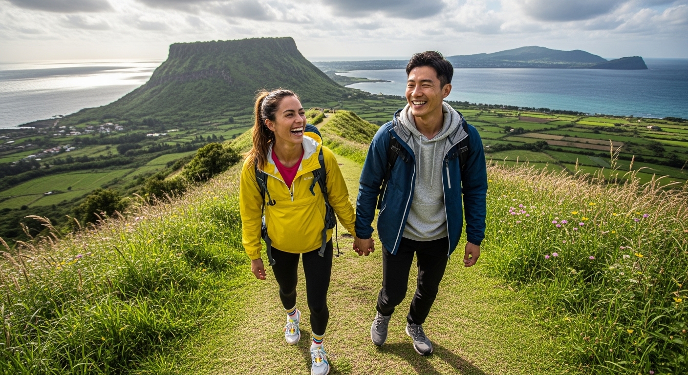 제주도 오름을 오르며 활짝 웃고 있는 커플. 바람막이와 운동화 등 편안하면서도 스타일리시한 액티브룩을 입고 있다.