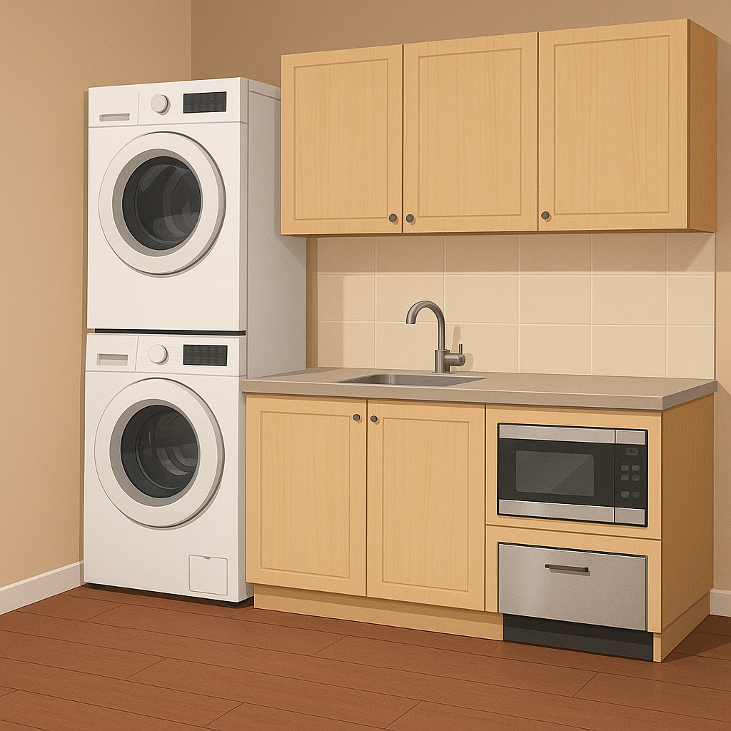 작은 집 주방 인테리어, 하부장에 전자레인지와 식기세척기가 내장된 빌트인 가전 구성 일러스트