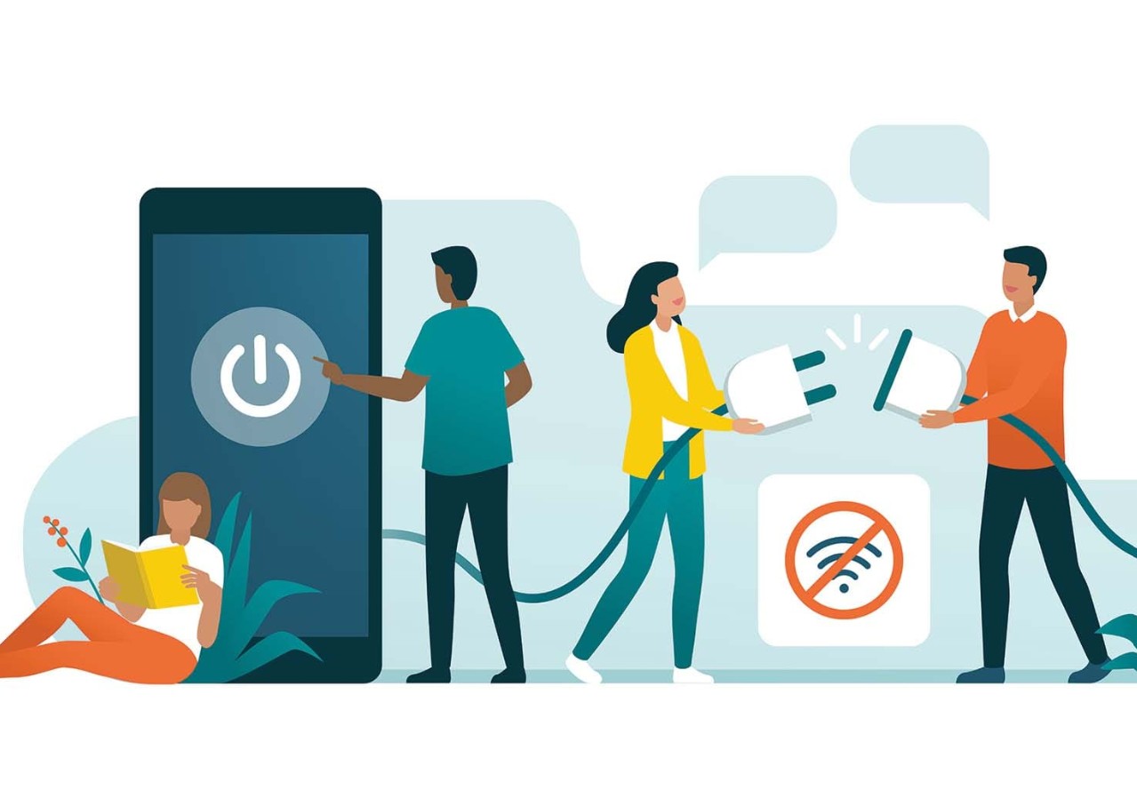 사람들이 핸드폰을 끄는 모습의 사진