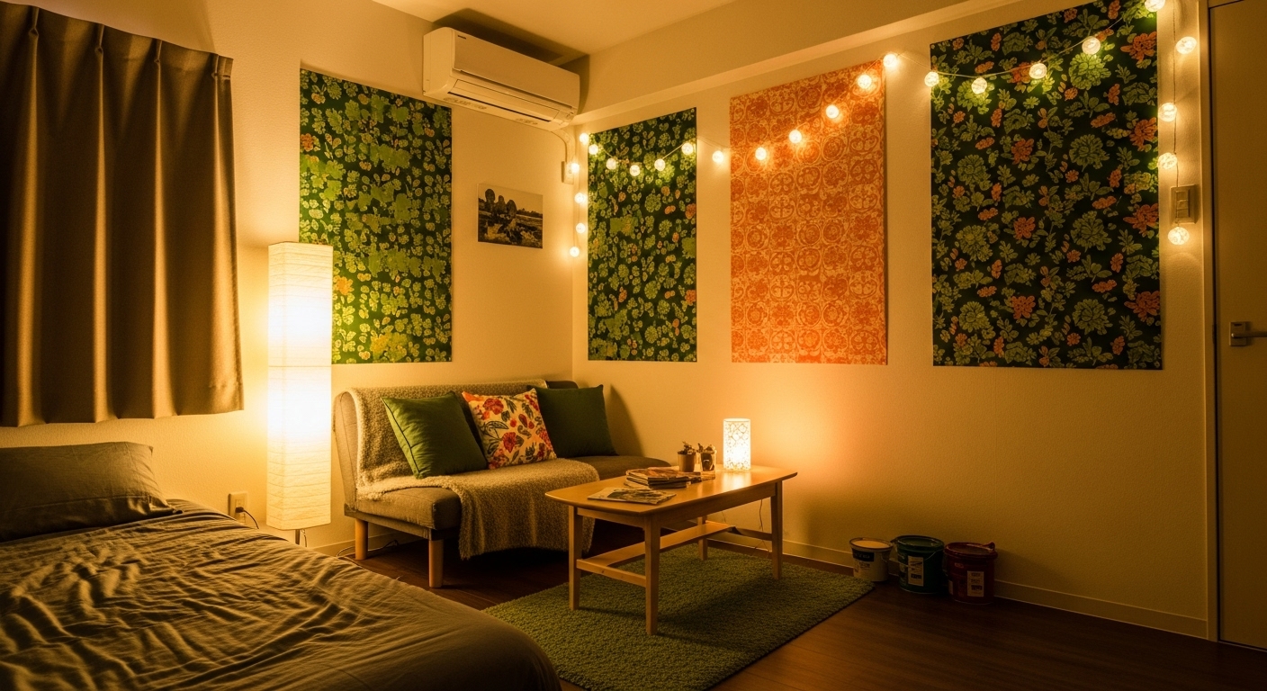 초록색과 주황색 계열의 패브릭 포스터와 시트지로 꾸며져 원상복구 걱정 없는 아늑하고 세련된 월세 자취방 내부.