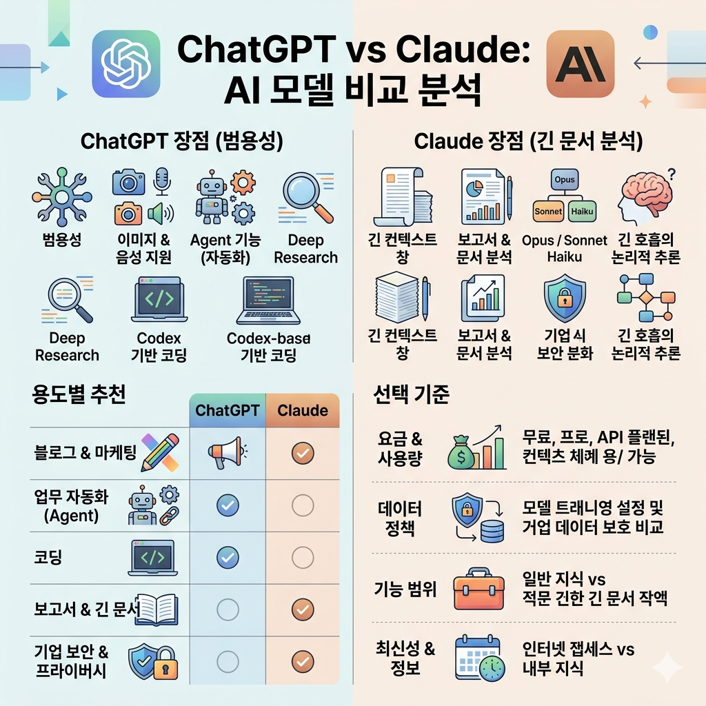 챗GPT vs 클로드 비교 글쓰기&middot;코딩&middot;업무 자동화에 어떤 AI가 더 좋을까 인포그래픽