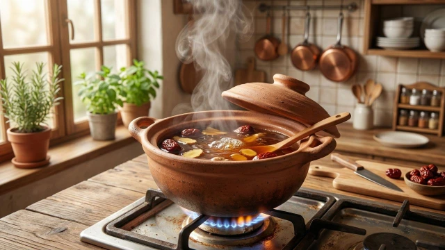 대추차 약불 달이기 뚜껑 반쯤 열기