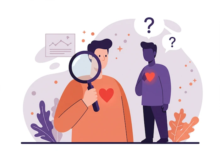 돋보기를 들고 자신의 마음이나 상태를 들여다보는 사람의 모습 또는 물음표가 떠 있는 사람의 실루엣