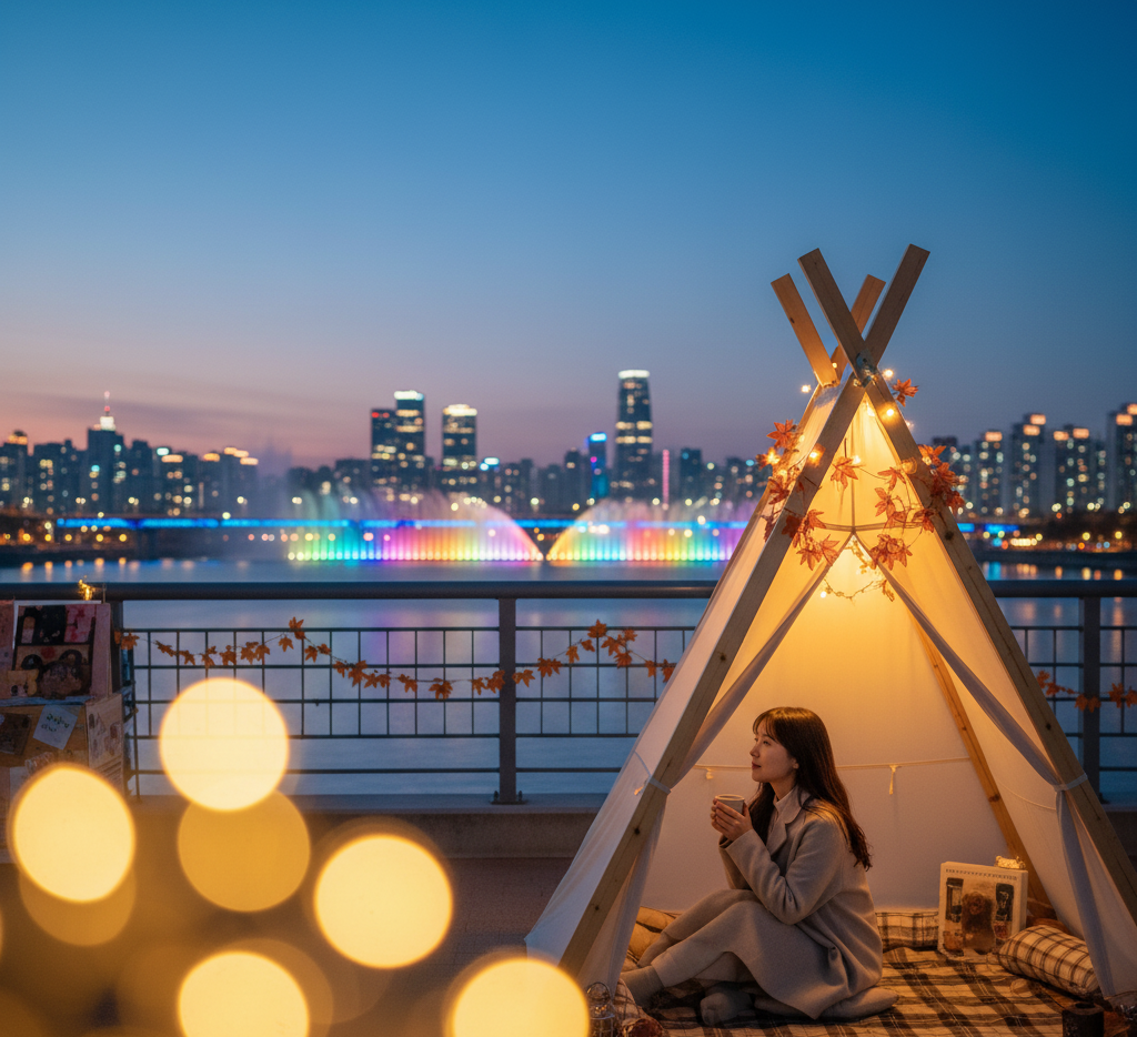 한강 야경을 배경으로 잠수교에서 열린 뚜벅뚜벅 축제의 감성 피크닉존, 따뜻한 조명 아래 가을밤을 즐기는 시민 모습