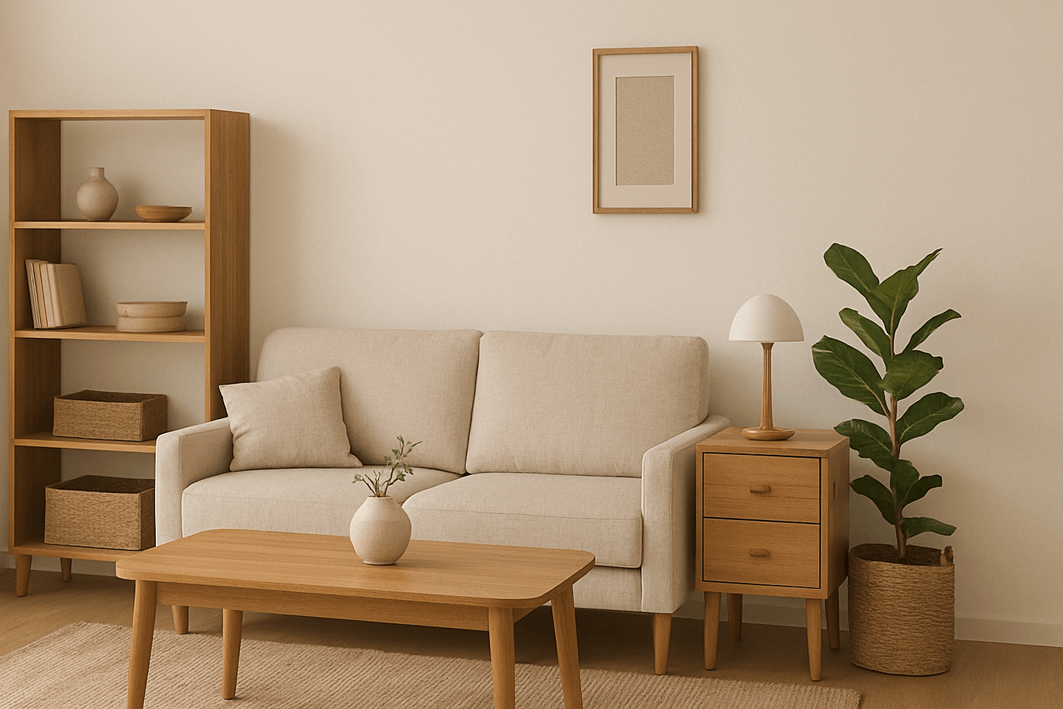 베이지색 소파, 원목 커피 테이블, 책장, 화분으로 꾸며진 내추럴 인테리어 스타일의 아늑한 거실