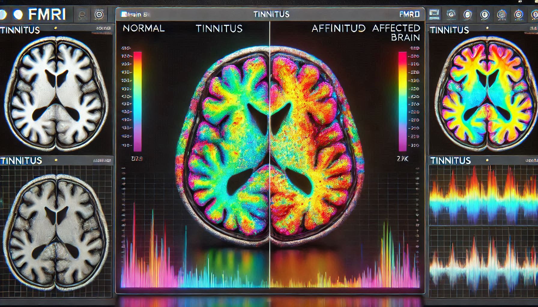 이명 환자의 뇌 활성화 영상. 정상인과 이명 환자의 뇌 활동 비교를 보여주는 fMRI 스캔 이미지
