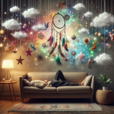 다양한 색깔과 형상의 꿈들이 방 안에서 떠다니는 모습. 여러 꿈을 상징하는 요소들이 천장에 떠 있는 장면.
