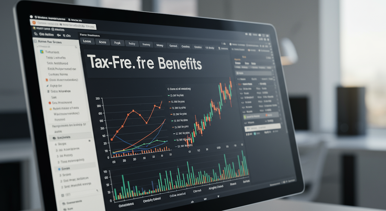 사무실 환경에서 컴퓨터 화면에 표시된 금융 그래프와 비과세 혜택 정보