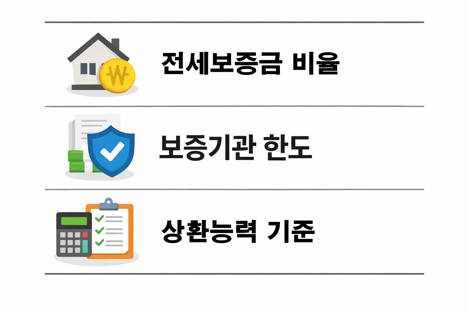 전세보증금 비율과 보증기관 한도 및 상환능력 기준을 정리한 핵심 구조 안내 이미지
