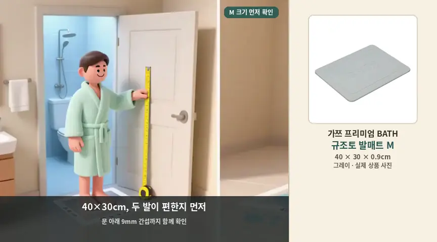 줄자로 욕실문 앞 공간을 확인하는 움직이는 장면