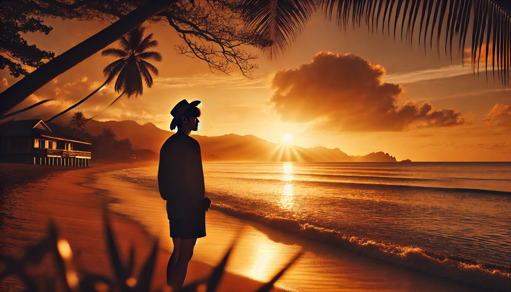 해변에서 해가 떠오르거나 지는 장면을 감상하는 여행자의 실루엣 이미지