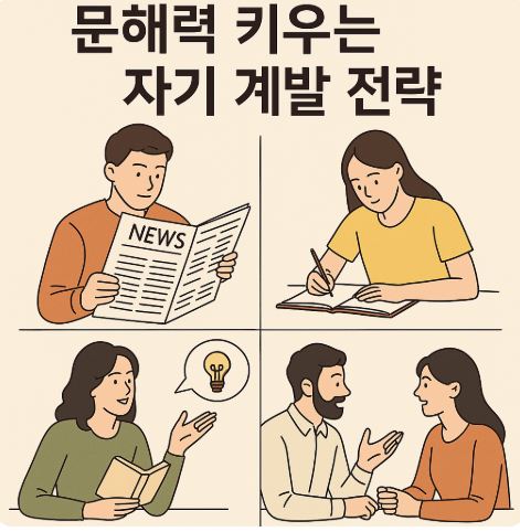 문해력을 키우는 자기 계발 전략을 나타내는 일러스트