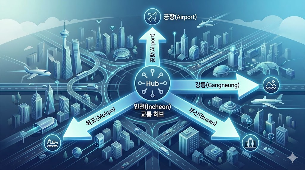 현대적인 도시를 배경으로 중앙의 '인천 교통 허브'에서 네 개의 큰 화살표가 뻗어나가는 개념도입니다. 각 화살표는 공항(북), 강릉(동), 부산(남동), 목포(남서)를 가리키며, 인천이 미래 교통망의 중심이 될 것임을 시각적으로 강력하게 전달합니다.